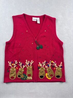 Vtg Caroline Colours Christmas Sweater Vest Women’s Large Holiday Reindeer